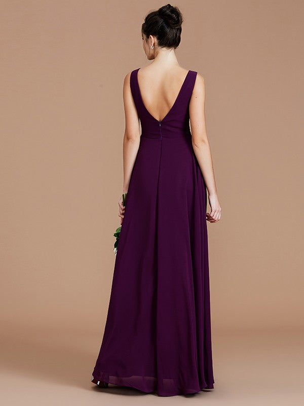 A-Line/Princess V-neck Sleeveless Ruched Floor-Length Chiffon Bridesmaid Dresses Evening Prom Dress