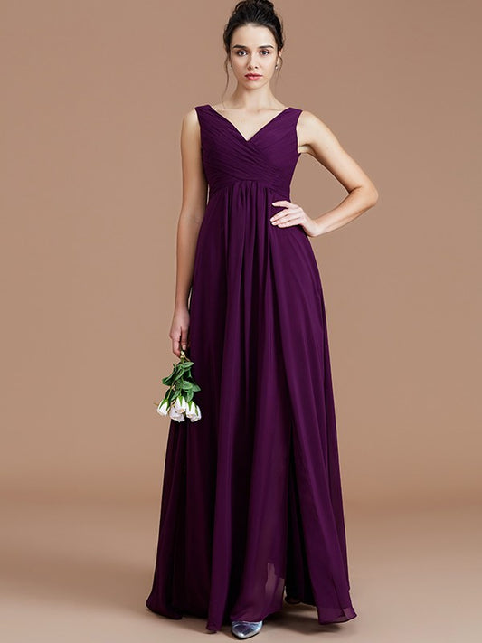 A-Line/Princess V-neck Sleeveless Ruched Floor-Length Chiffon Bridesmaid Dresses Evening Prom Dress