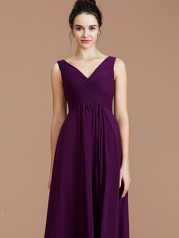 A-Line/Princess V-neck Sleeveless Ruched Floor-Length Chiffon Bridesmaid Dresses Evening Prom Dress