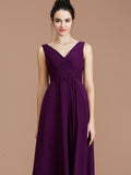 A-Line/Princess V-neck Sleeveless Ruched Floor-Length Chiffon Bridesmaid Dresses Evening Prom Dress