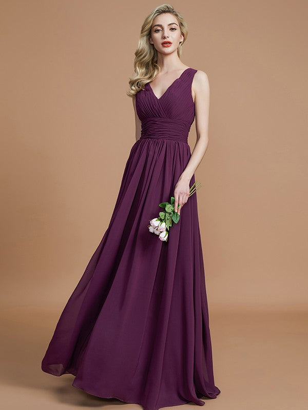 A-Line/Princess Sleeveless V-neck Floor-Length Chiffon Bridesmaid Dresses Evening Dress