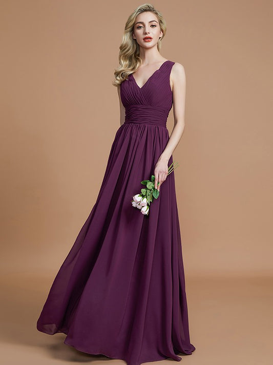 A-Line/Princess Sleeveless V-neck Floor-Length Chiffon Bridesmaid Dresses Evening Dress