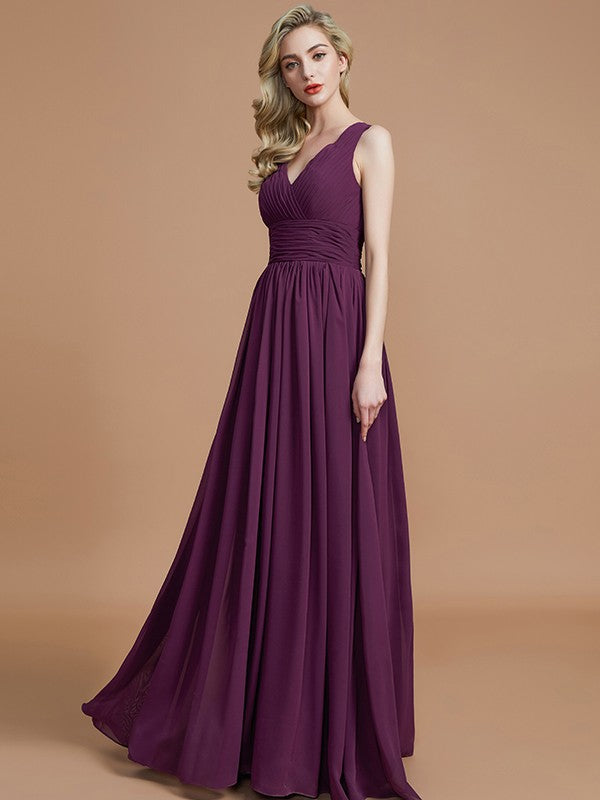 A-Line/Princess Sleeveless V-neck Floor-Length Chiffon Bridesmaid Dresses Evening Dress