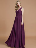 A-Line/Princess Sleeveless V-neck Floor-Length Chiffon Bridesmaid Dresses Evening Dress