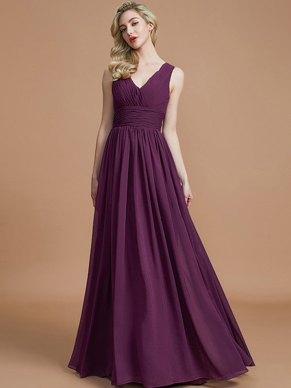 A-Line/Princess Sleeveless V-neck Floor-Length Chiffon Bridesmaid Dresses Evening Dress