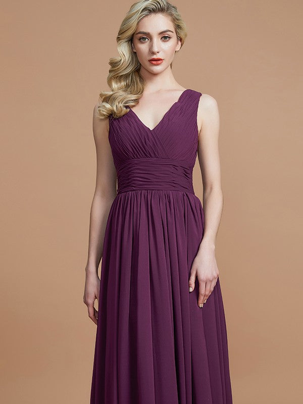 A-Line/Princess Sleeveless V-neck Floor-Length Chiffon Bridesmaid Dresses Evening Dress