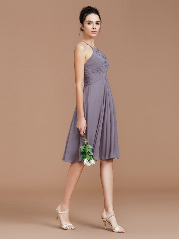 A-Line/Princess Halter Sleeveless Ruched Short/Mini Chiffon Bridesmaid Dresses Wedding Guest Dress