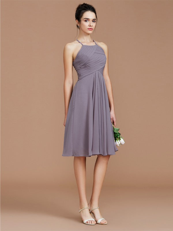 A-Line/Princess Halter Sleeveless Ruched Short/Mini Chiffon Bridesmaid Dresses Wedding Guest Dress