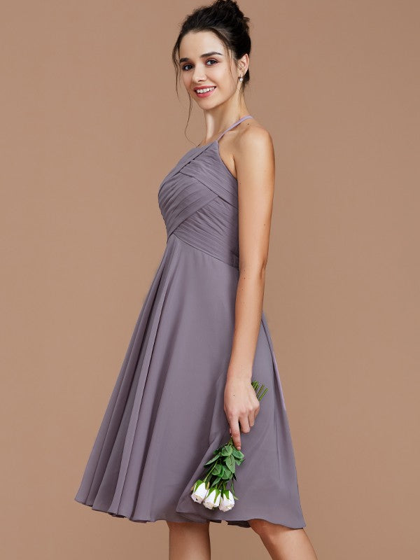 A-Line/Princess Halter Sleeveless Ruched Short/Mini Chiffon Bridesmaid Dresses Wedding Guest Dress