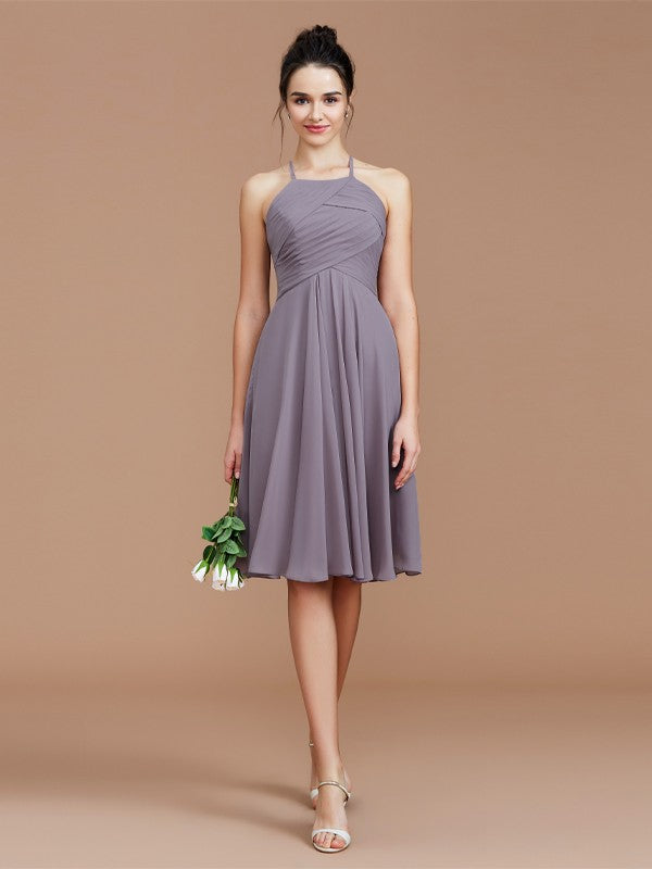 A-Line/Princess Halter Sleeveless Ruched Short/Mini Chiffon Bridesmaid Dresses Wedding Guest Dress