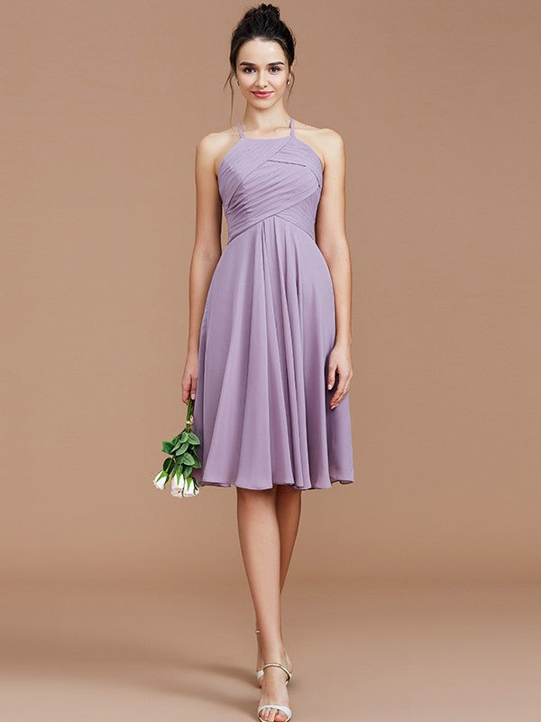 A-Line/Princess Halter Sleeveless Ruched Short/Mini Chiffon Bridesmaid Dresses Wedding Guest Dress