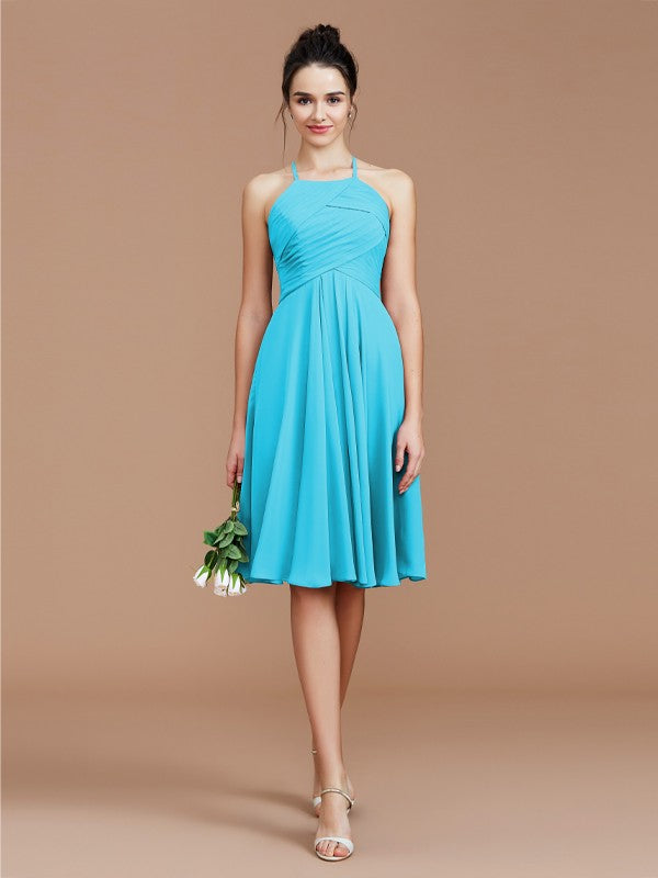 A-Line/Princess Halter Sleeveless Ruched Short/Mini Chiffon Bridesmaid Dresses Wedding Guest Dress