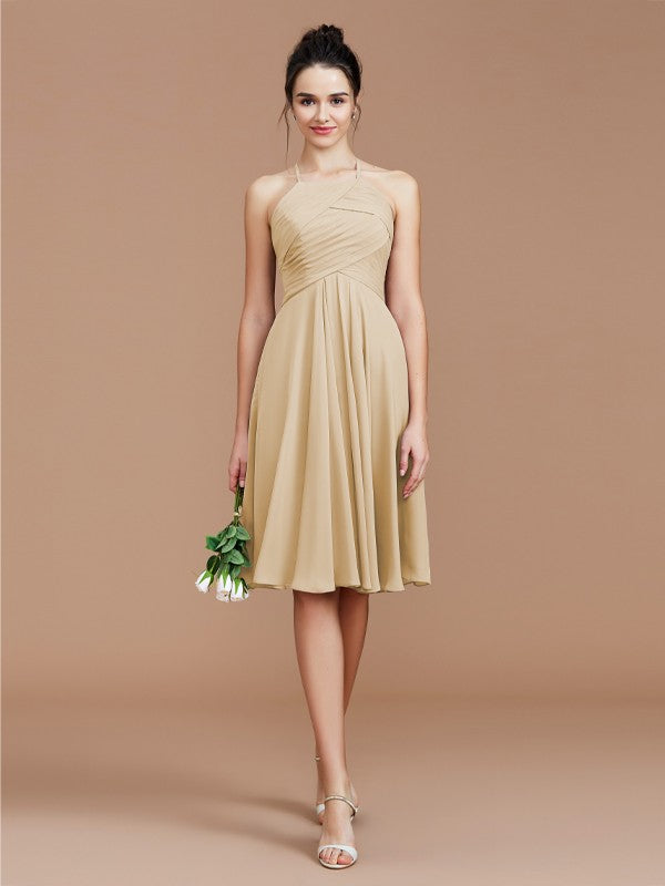 A-Line/Princess Halter Sleeveless Ruched Short/Mini Chiffon Bridesmaid Dresses Wedding Guest Dress