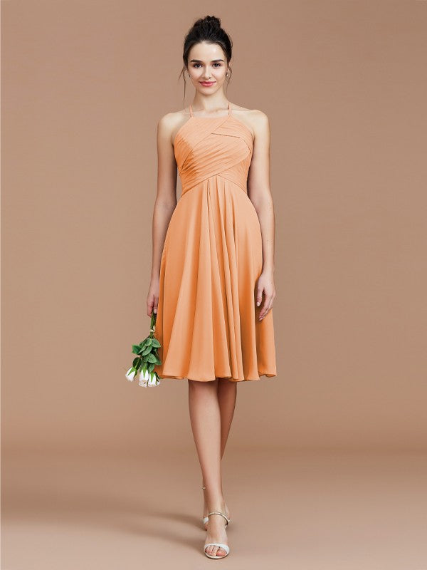 A-Line/Princess Halter Sleeveless Ruched Short/Mini Chiffon Bridesmaid Dresses Wedding Guest Dress