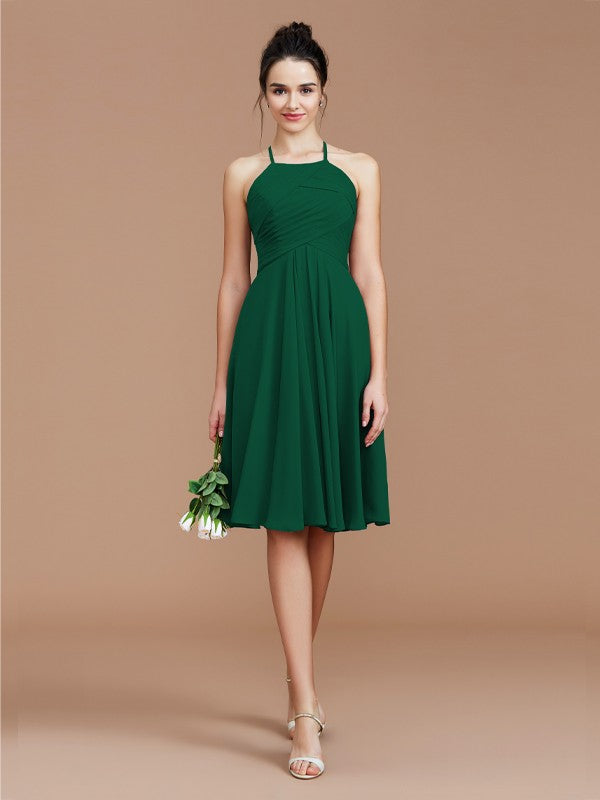 A-Line/Princess Halter Sleeveless Ruched Short/Mini Chiffon Bridesmaid Dresses Wedding Guest Dress