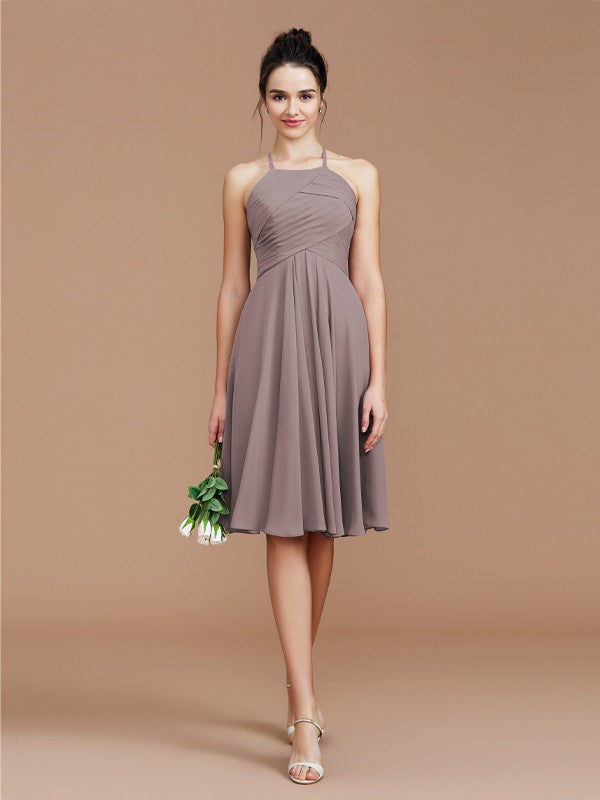 A-Line/Princess Halter Sleeveless Ruched Short/Mini Chiffon Bridesmaid Dresses Wedding Guest Dress
