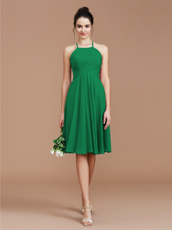 A-Line/Princess Halter Sleeveless Ruched Short/Mini Chiffon Bridesmaid Dresses Wedding Guest Dress