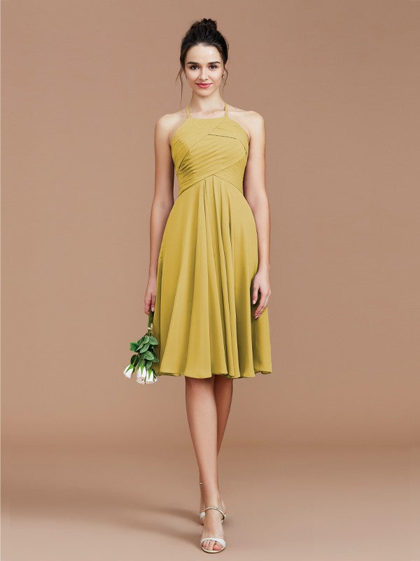 A-Line/Princess Halter Sleeveless Ruched Short/Mini Chiffon Bridesmaid Dresses Wedding Guest Dress