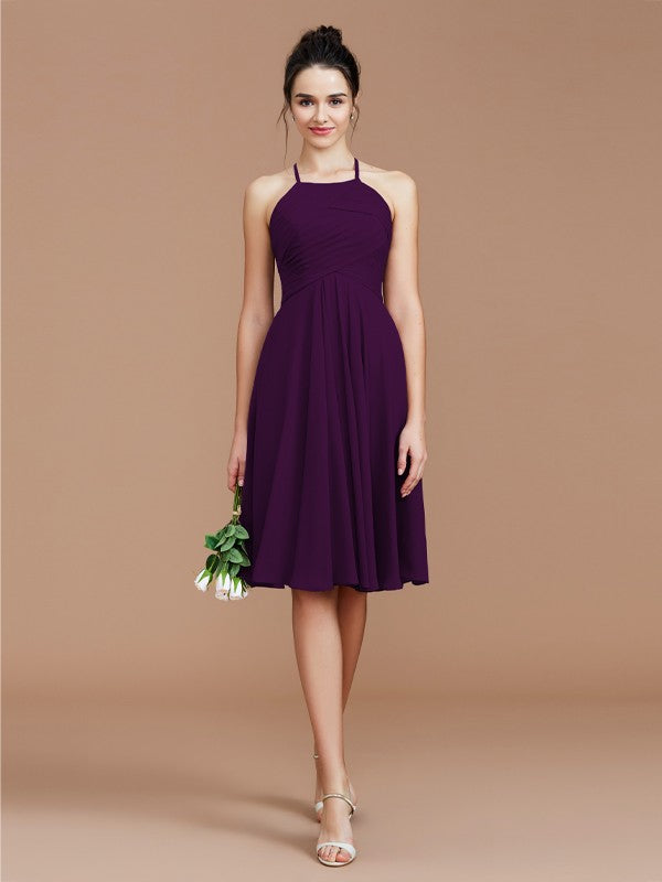 A-Line/Princess Halter Sleeveless Ruched Short/Mini Chiffon Bridesmaid Dresses Wedding Guest Dress