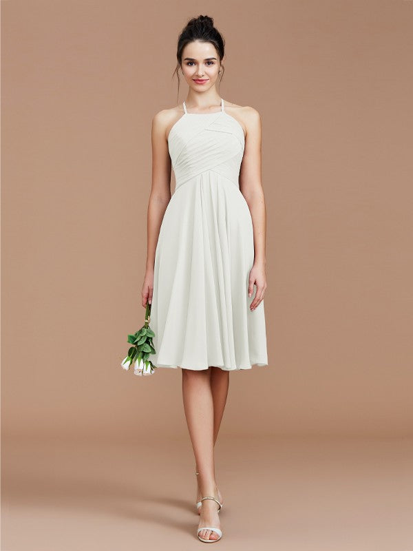 A-Line/Princess Halter Sleeveless Ruched Short/Mini Chiffon Bridesmaid Dresses Wedding Guest Dress