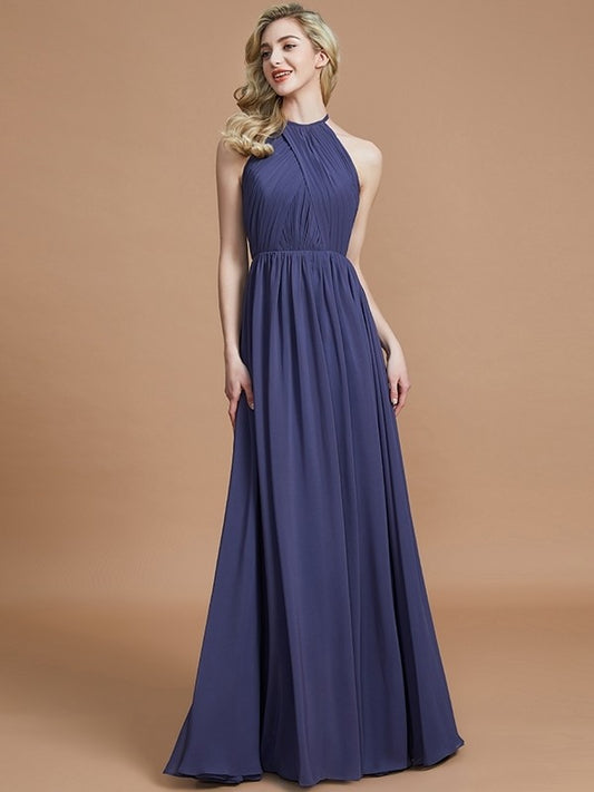 A-Line/Princess Scoop Chiffon Sleeveless Floor-Length Bridesmaid Dresses Evening Prom Dress