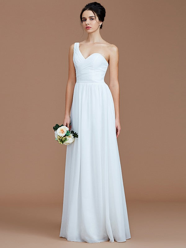 A-Line/Princess One-Shoulder Sleeveless Ruched Floor-Length Chiffon Bridesmaid Dresses Evening Dress