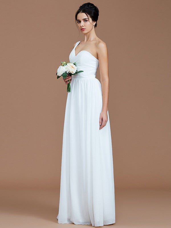 A-Line/Princess One-Shoulder Sleeveless Ruched Floor-Length Chiffon Bridesmaid Dresses Evening Dress