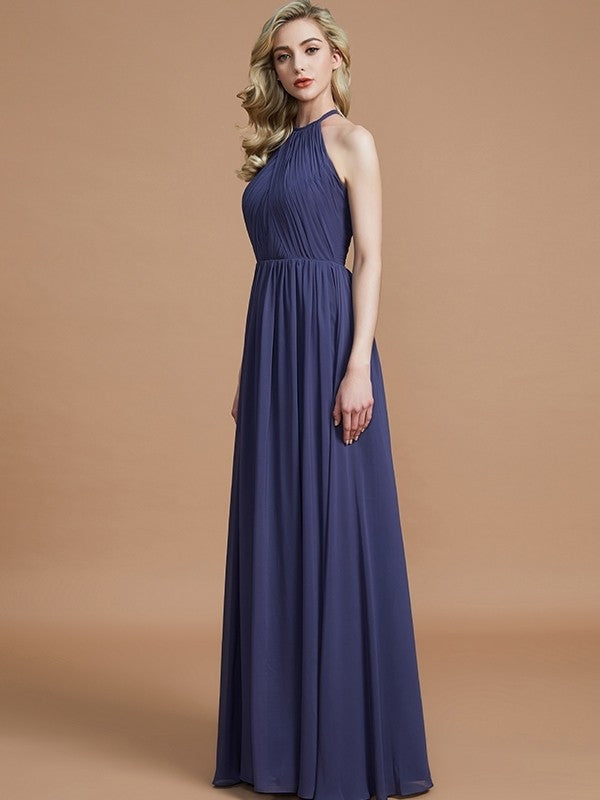 A-Line/Princess Scoop Chiffon Sleeveless Floor-Length Bridesmaid Dresses Evening Prom Dress