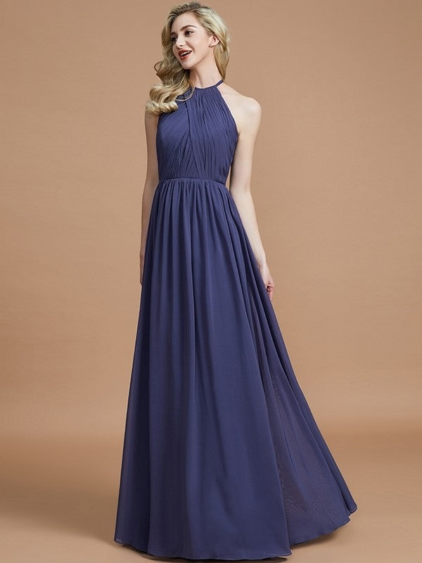 A-Line/Princess Scoop Chiffon Sleeveless Floor-Length Bridesmaid Dresses Evening Prom Dress