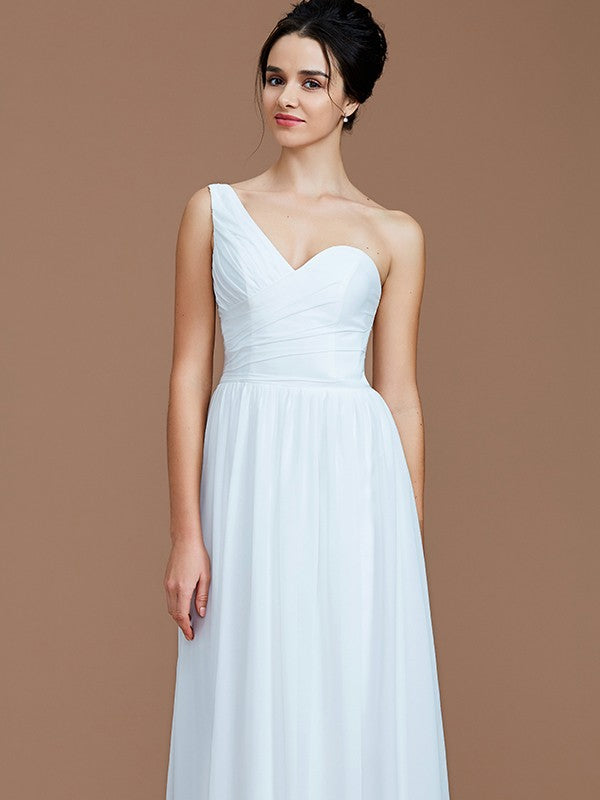 A-Line/Princess One-Shoulder Sleeveless Ruched Floor-Length Chiffon Bridesmaid Dresses Evening Dress