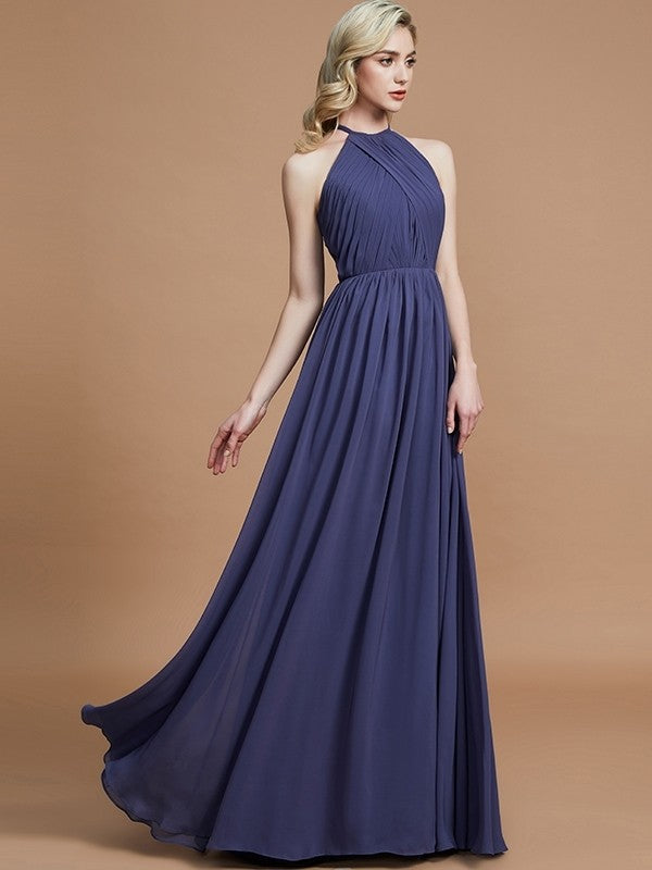A-Line/Princess Scoop Chiffon Sleeveless Floor-Length Bridesmaid Dresses Evening Prom Dress