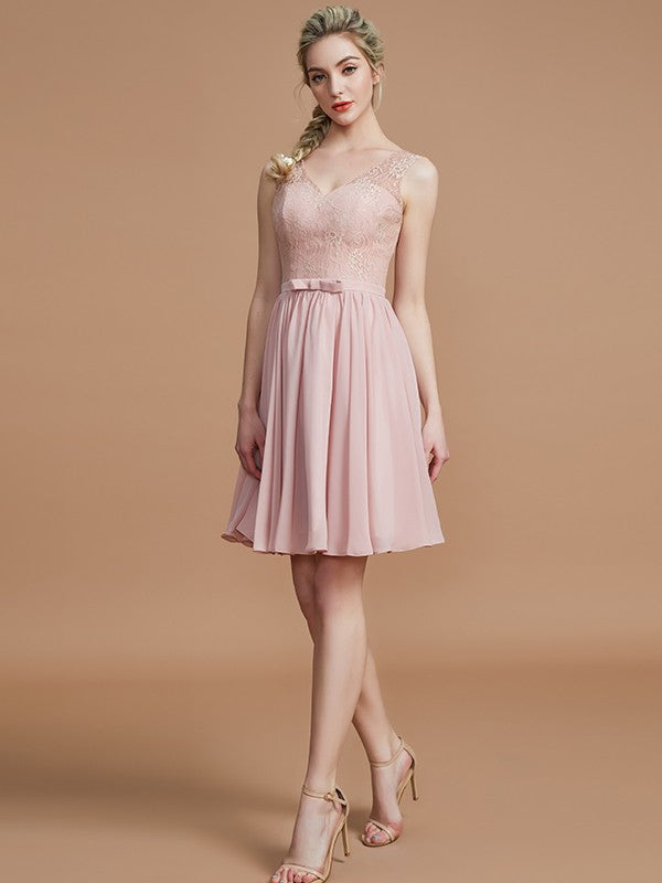 Vestido de dama de honor de gasa, corto, sin mangas, con escote en V, corte princesa y encaje, para fiesta
