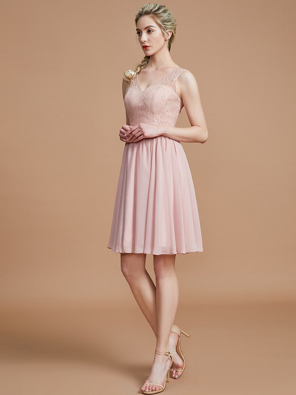 Vestido de dama de honor de gasa, corto, sin mangas, con escote en V, corte princesa y encaje, para fiesta