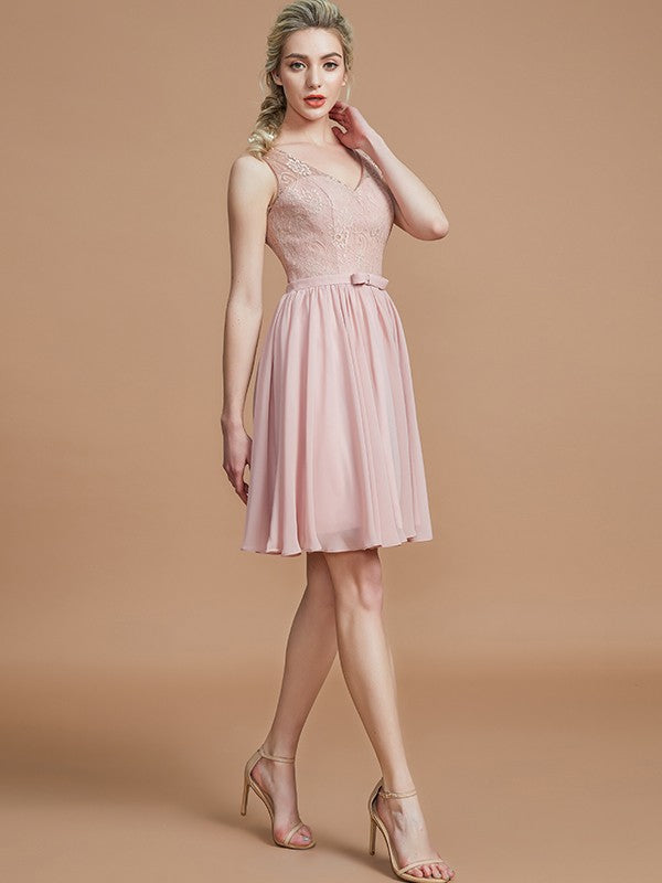 Vestido de dama de honor de gasa, corto, sin mangas, con escote en V, corte princesa y encaje, para fiesta