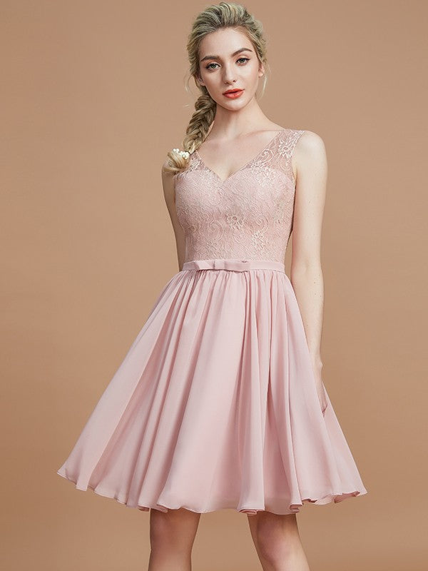 Vestido de dama de honor de gasa, corto, sin mangas, con escote en V, corte princesa y encaje, para fiesta