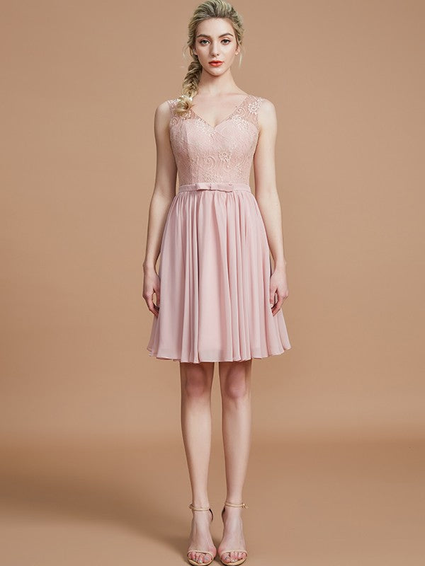 Vestido de dama de honor de gasa, corto, sin mangas, con escote en V, corte princesa y encaje, para fiesta