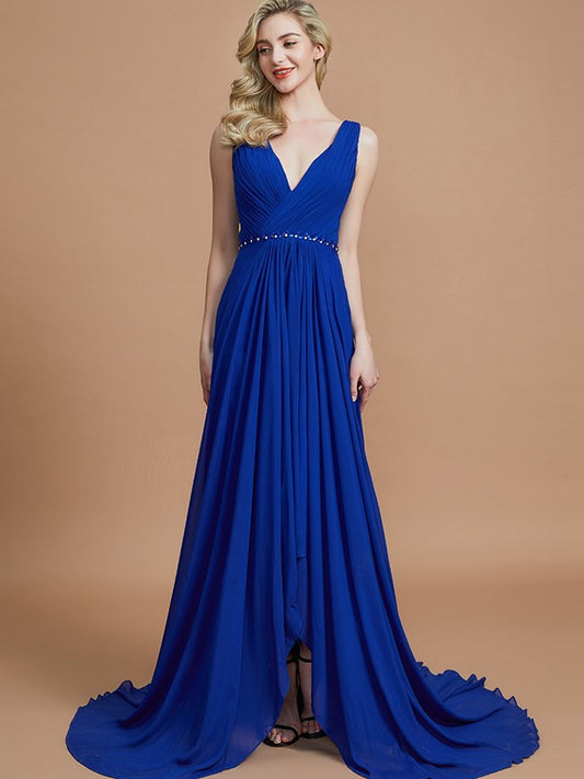 A-Line/Princess Sleeveless V-neck Chiffon Sweep/Brush Train Bridesmaid Dresses Evening Dress