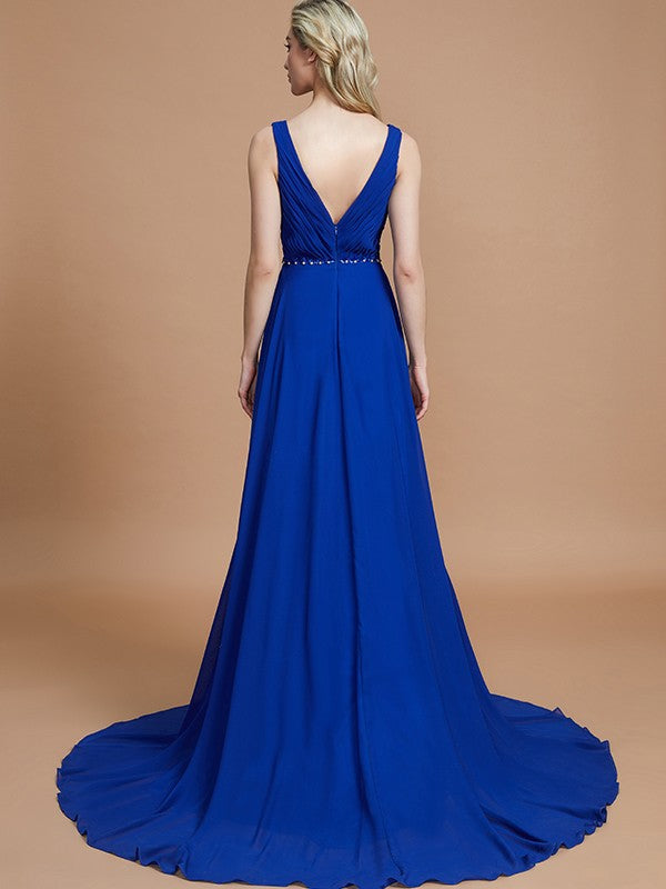 A-Line/Princess Sleeveless V-neck Chiffon Sweep/Brush Train Bridesmaid Dresses Evening Dress