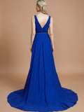 A-Line/Princess Sleeveless V-neck Chiffon Sweep/Brush Train Bridesmaid Dresses Evening Dress