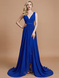 A-Line/Princess Sleeveless V-neck Chiffon Sweep/Brush Train Bridesmaid Dresses Evening Dress