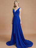 A-Line/Princess Sleeveless V-neck Chiffon Sweep/Brush Train Bridesmaid Dresses Evening Dress
