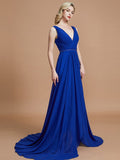 A-Line/Princess Sleeveless V-neck Chiffon Sweep/Brush Train Bridesmaid Dresses Evening Dress