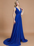 A-Line/Princess Sleeveless V-neck Chiffon Sweep/Brush Train Bridesmaid Dresses Evening Dress