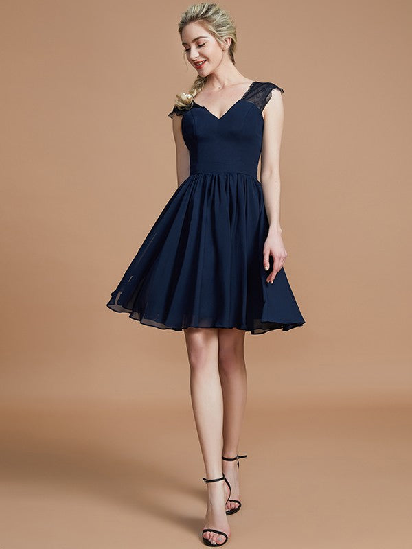 Vestidos de dama de honor de gasa con escote en V, corte A/princesa, hasta la rodilla
