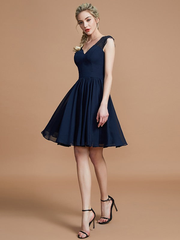 Vestidos de dama de honor de gasa con escote en V, corte A/princesa, hasta la rodilla