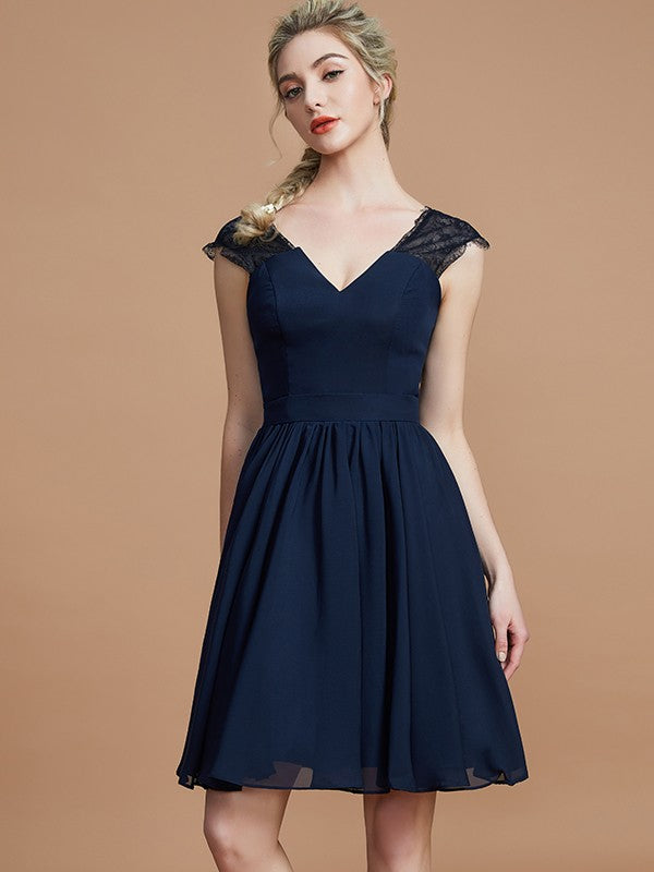 Vestidos de dama de honor de gasa con escote en V, corte A/princesa, hasta la rodilla