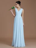 A-Line/Princess V-neck Sleeveless Ruched Floor-Length Chiffon Bridesmaid Dresses Evening Dress