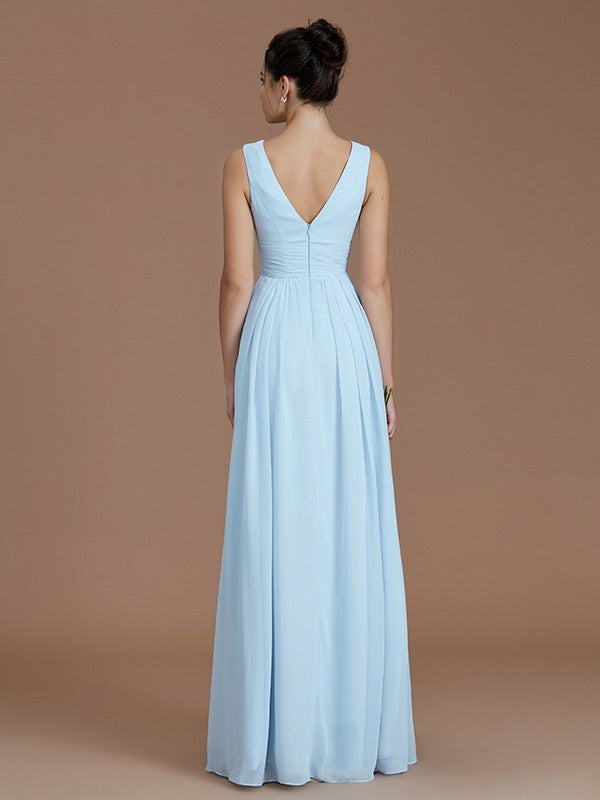 A-Line/Princess V-neck Sleeveless Ruched Floor-Length Chiffon Bridesmaid Dresses Evening Dress