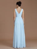 A-Line/Princess V-neck Sleeveless Ruched Floor-Length Chiffon Bridesmaid Dresses Evening Dress
