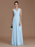 A-Line/Princess V-neck Sleeveless Ruched Floor-Length Chiffon Bridesmaid Dresses Evening Dress